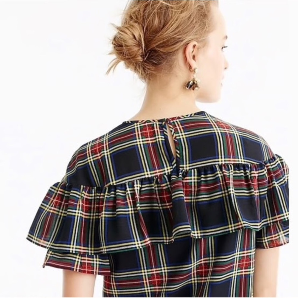 J. Crew Edie Stewart Tartan Plaid Ruffle Short Sleeve Blouse Size 10 - Picture 13 of 13
